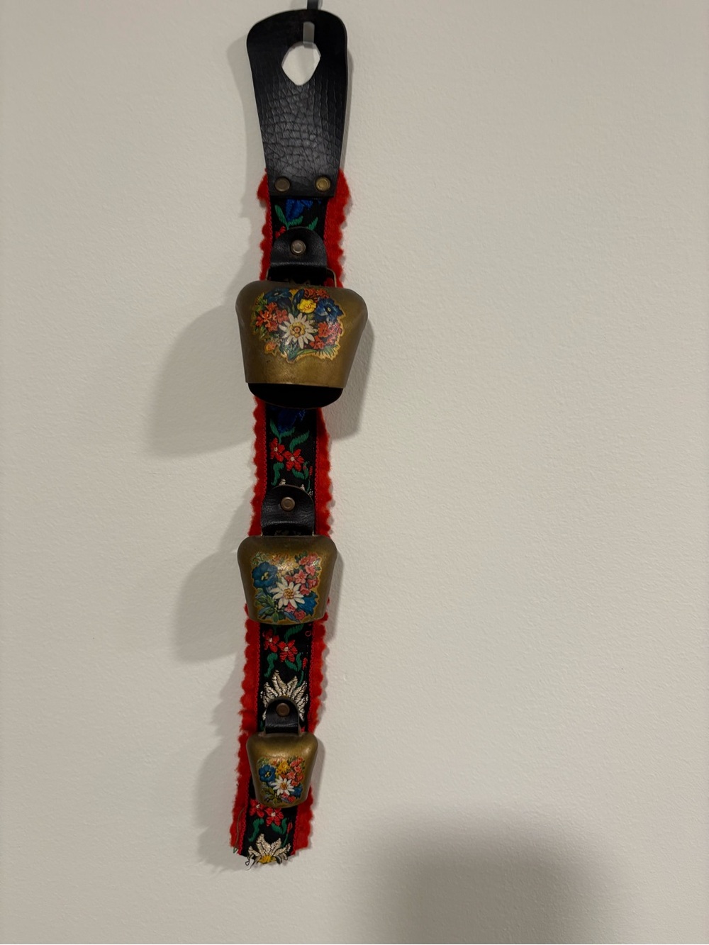 Vintage Swiss Hand-Painted Brass 3 Cowbells on Red Floral Strap - Home Accents